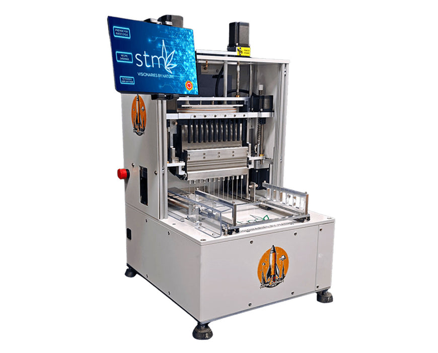 Angled view of STM RocketBox Mini cone filler highlighting loading tray and precision components.