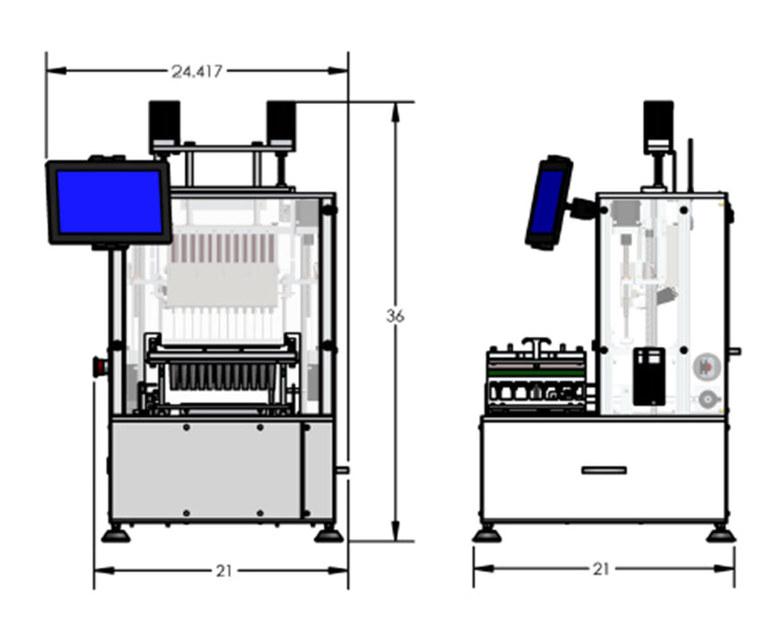 Technical dimensions diagram of STM RocketBox Mini pre-roll machine showing height and width specs.