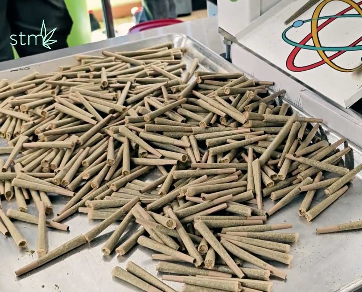 Tray of bud pre-rolls after processing with the Astro Infuser, optimized for high-volume infused pre-roll production.