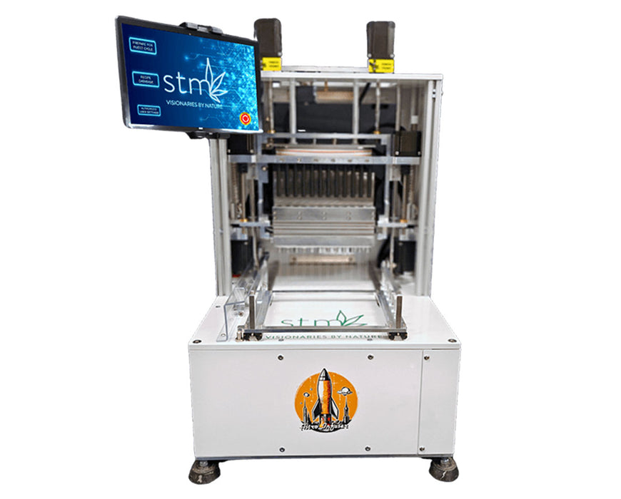 STM RocketBox Mini pre-roll machine front view with touchscreen and open filling system.