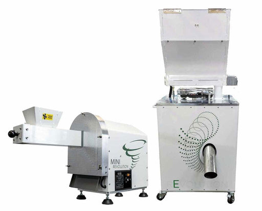 STM Mini Revolution Grinder paired with Revolution filter system for cannabis material preparation.