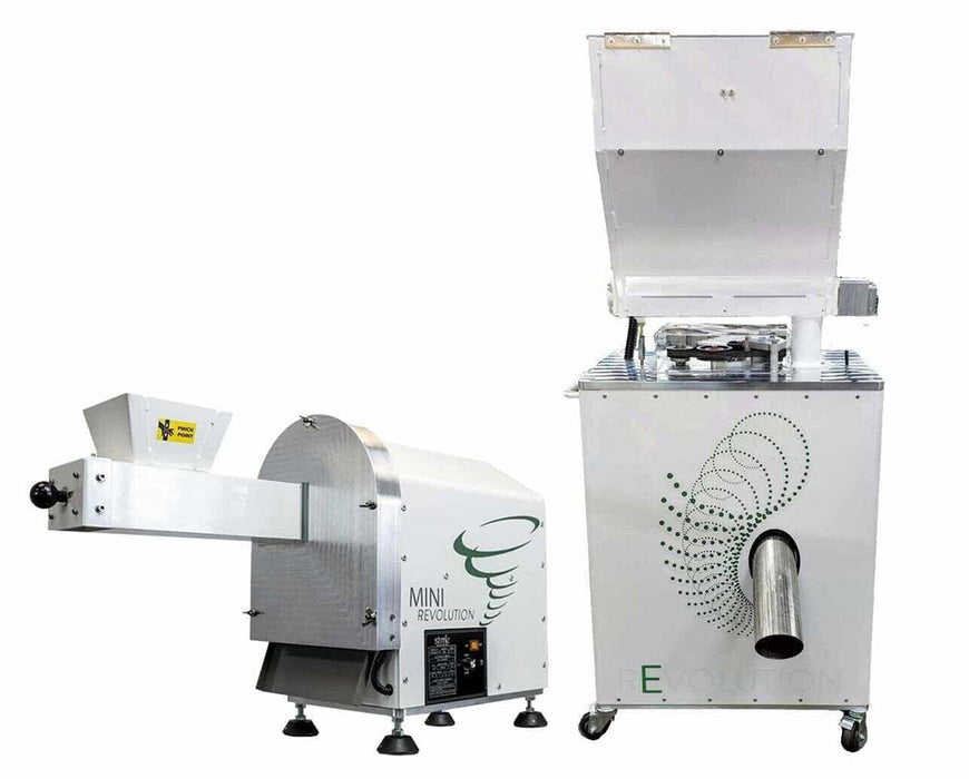 STM Mini Revolution Grinder paired with Revolution filter system for cannabis material preparation.