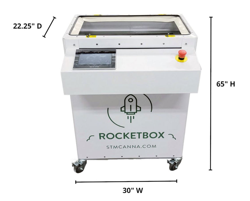 STM RocketBox pre-roll filling machine with display and dimensions labeled: 30" W x 22.25" D x 65" H.