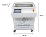 STM RocketBox pre-roll filling machine with display and dimensions labeled: 30" W x 22.25" D x 65" H.