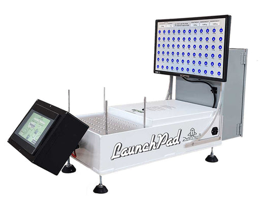 STM Canna LaunchPad weighing module with touchscreen and LED status display for pre-roll weight verification.