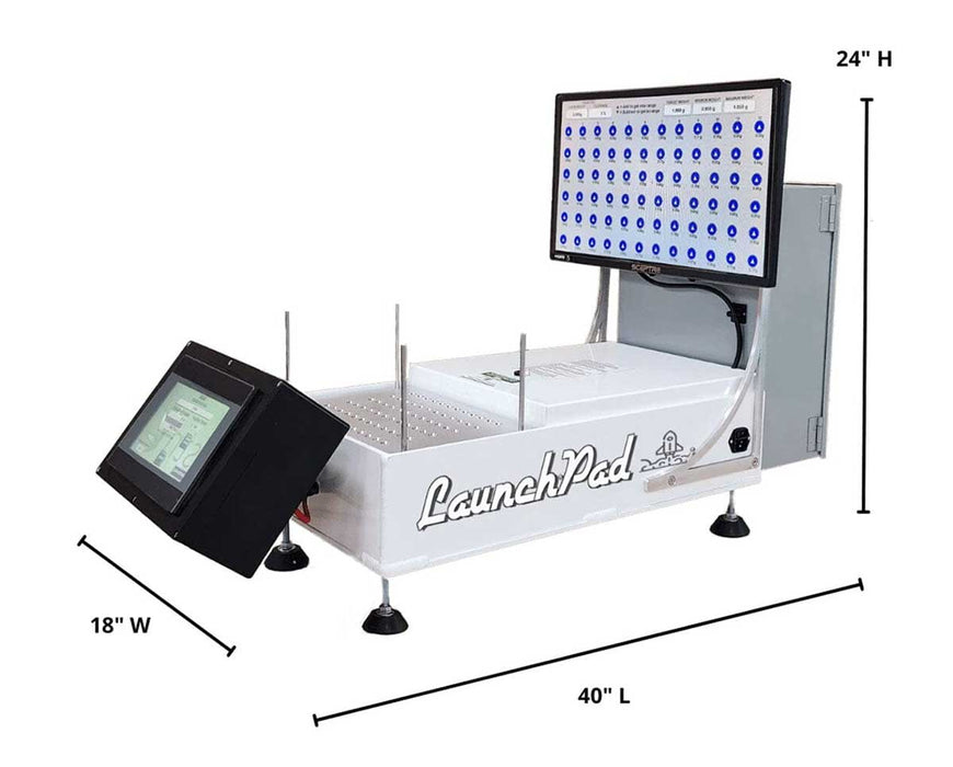 STM Canna LaunchPad system shown with dimensions labeled: 40" L x 18" W x 24" H.