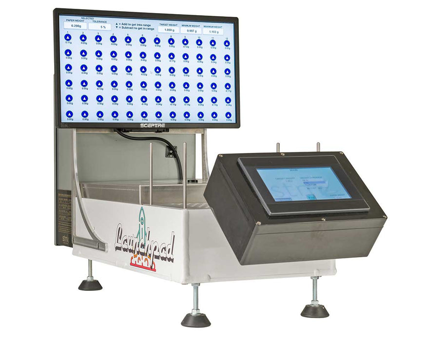 Side angle view of the STM LaunchPad featuring the touchscreen control and LED weight indicator panel.