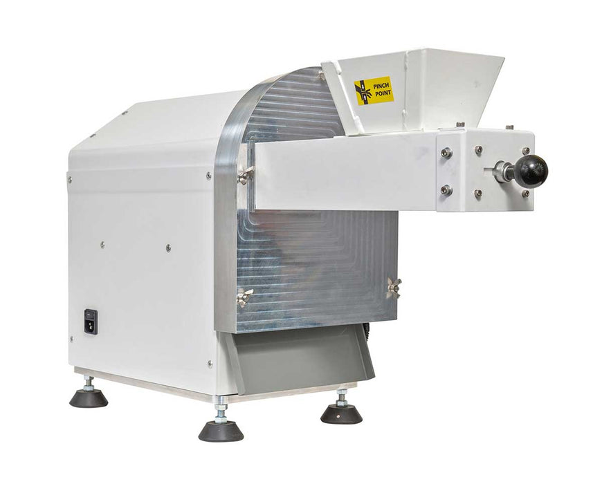 Front angled view showing the loading chute and pinch point warning on the Mini Revolution Grinder.