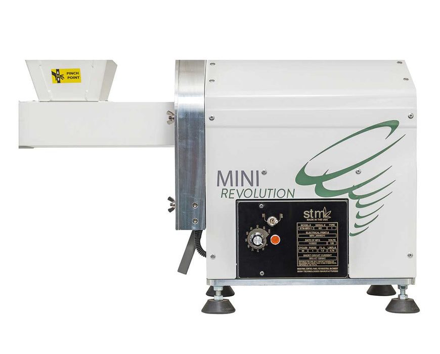 Side view of STM Canna Mini Revolution Commercial Grinder with control panel and branding.