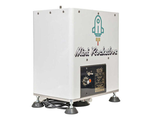 Rear side view of STM Canna Mini RocketBox PLUS pre-roll machine with visible control panel and logo.