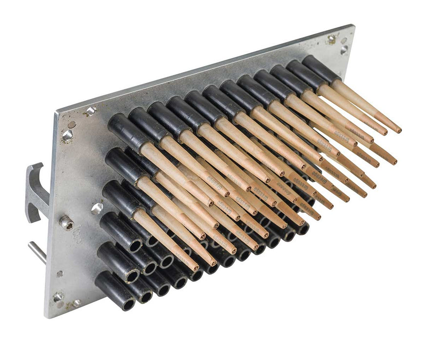 Filled pre-roll cones positioned in STM Mini RocketBox tray with black rubber holders.