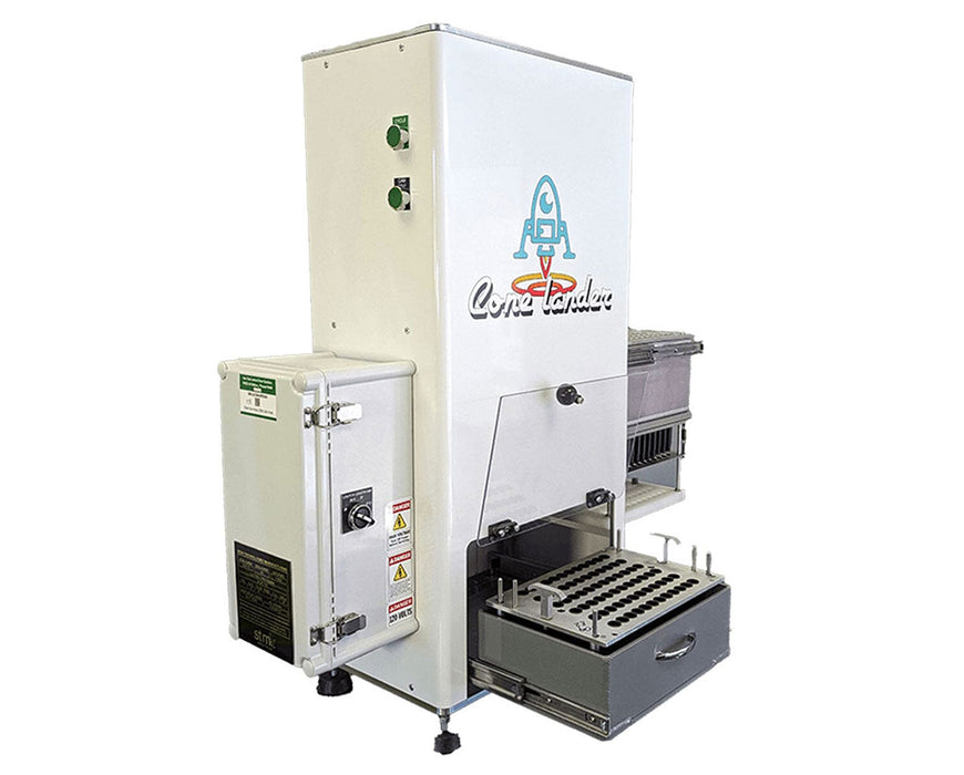 STM Canna Cone Lander pre-roll cone loading machine with front-facing drawer and branding.