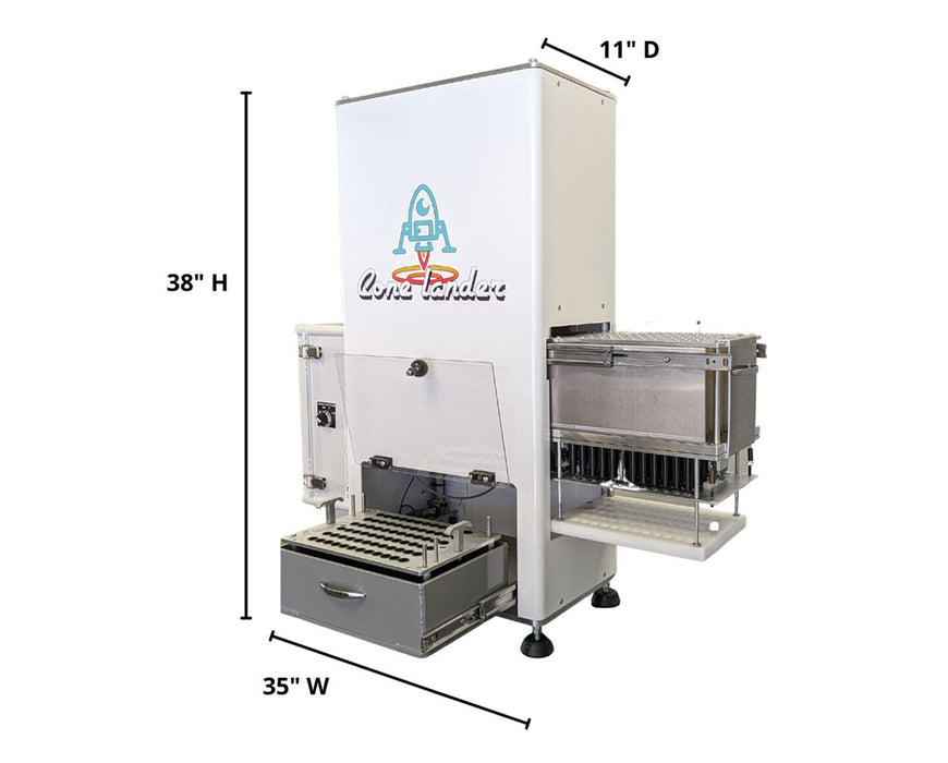 Cone Lander machine with labeled dimensions: 38" H x 35" W x 11" D for pre-roll cone automation.