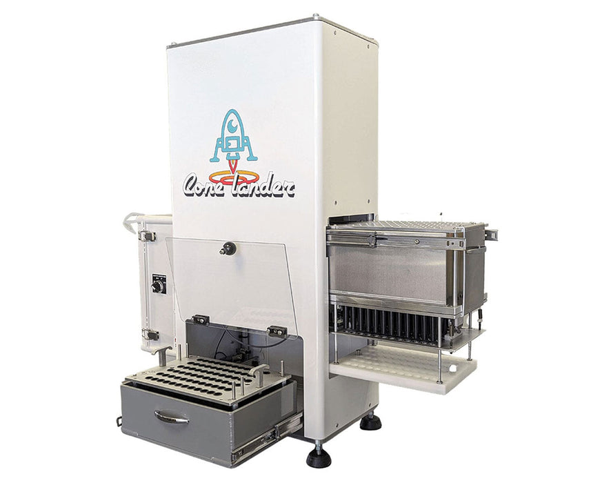 Side view of STM Cone Lander cone loading machine showing the stainless steel cone staging tray.