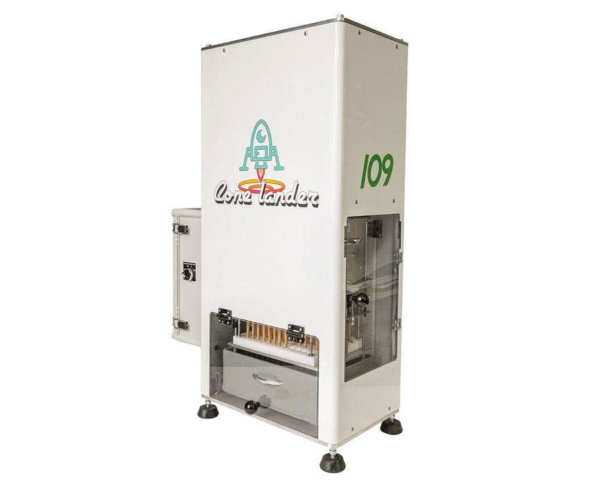 Rear angle of Cone Lander pre-roll cone loader with visible cone loading bay and control panel.