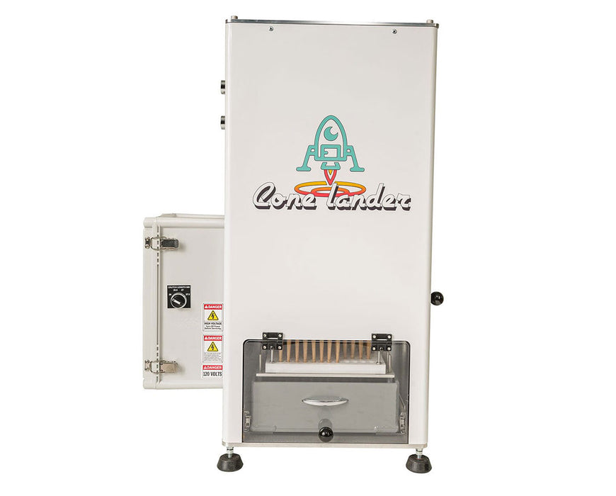 Front view of STM Cone Lander machine showing branding and tray with pre-roll cones.