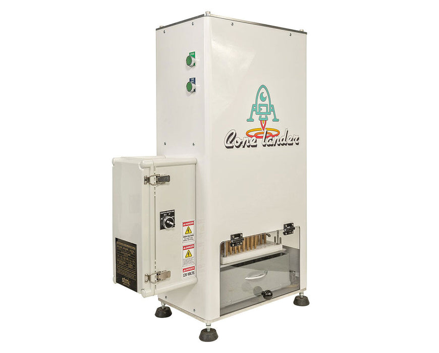 Angled front view of Cone Lander with power controls, cone tray, and clear lower drawer.