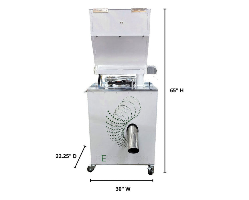 Commercial grinding machine with front view showing hopper open and metal output chute on wheels, labeled “Revolution.”