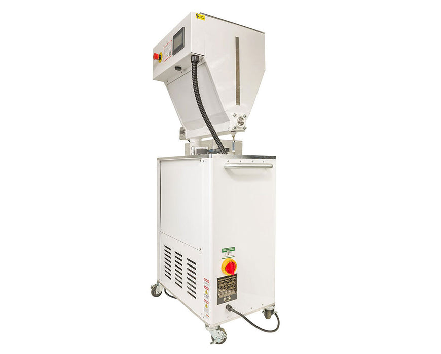 Rear view of STM Revolution 2.0 bud grinder with power switch, safety label, and mobility casters.