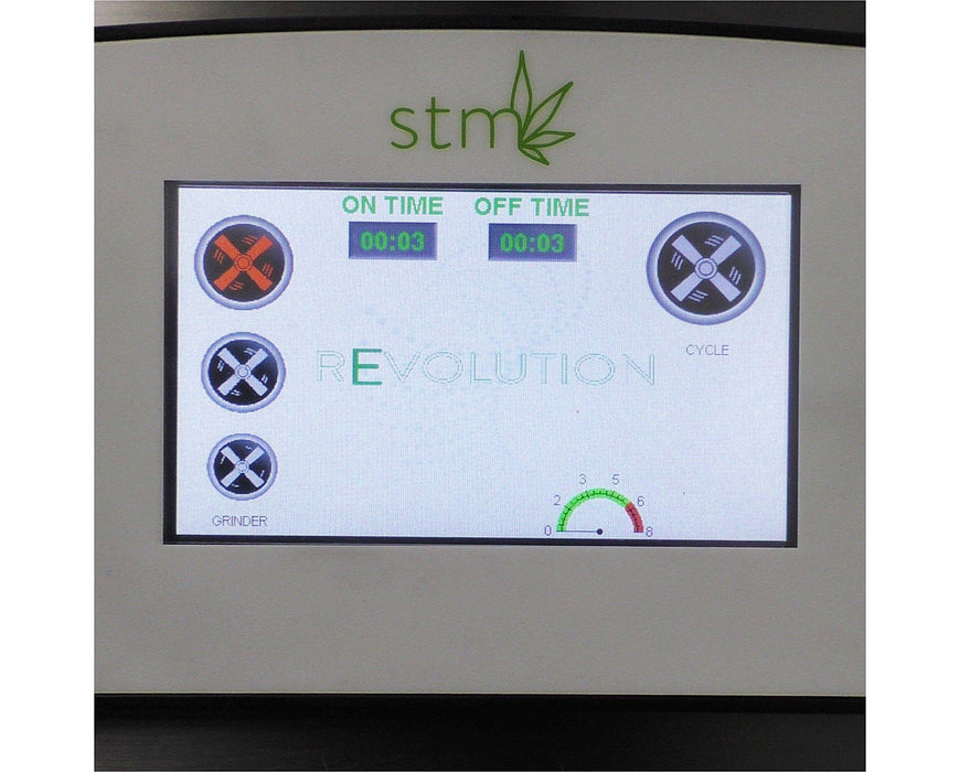 Touchscreen interface of STM Canna Revolution 2.0 Grinder showing on/off timer and cycle settings.