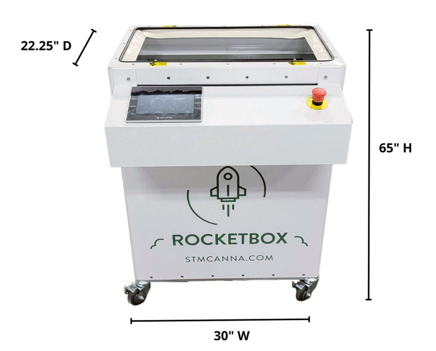 STM Canna RocketBox 2.0 Pre-Roll Machine with touchscreen, emergency stop, and dimensions: 30" W x 22.25" D x 65" H.