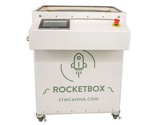RocketBox 2.0 pre-roll machine shown with STM Canna branding and mounted touchscreen panel.