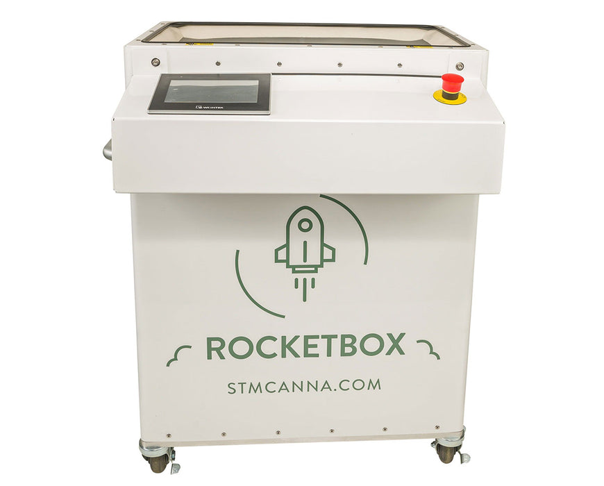 RocketBox 2.0 pre-roll machine shown with STM Canna branding and mounted touchscreen panel.