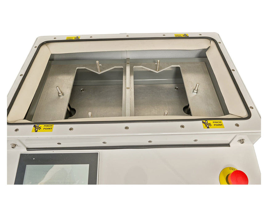 Top view of RocketBox 2.0 pre-roll machine showing internal tray layout and safety labels.