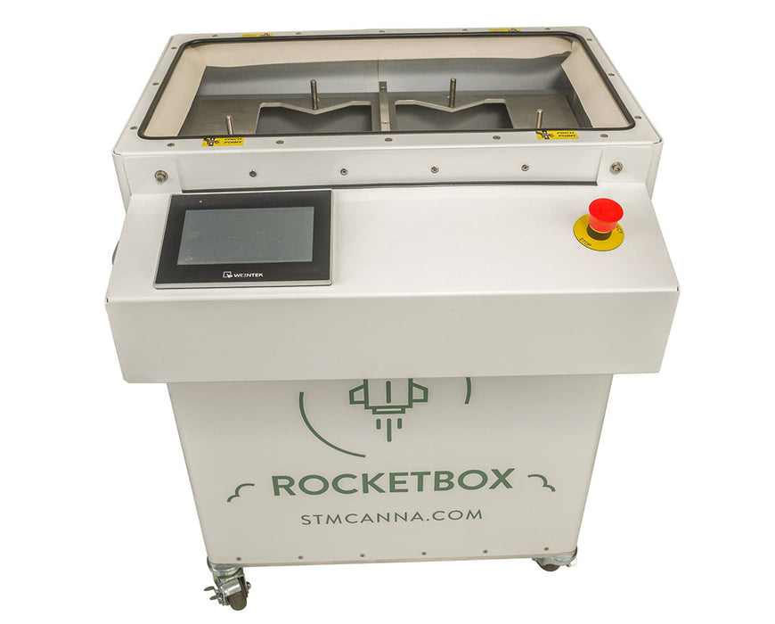 Angled overhead view of RocketBox 2.0 displaying touchscreen, pinch point warnings, and emergency stop.