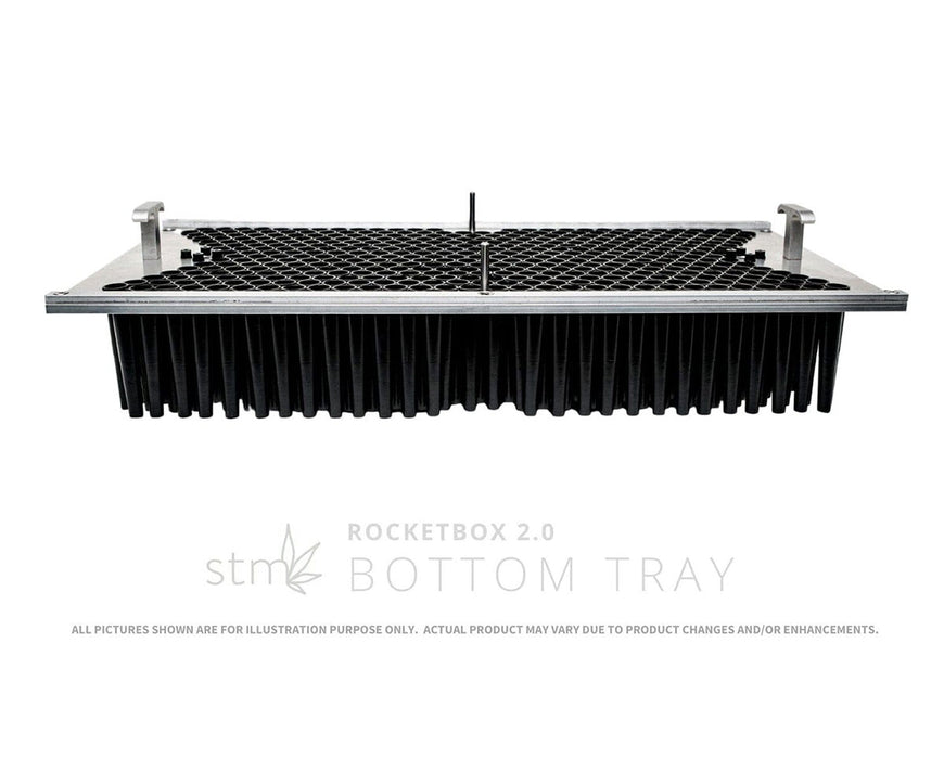 STM RocketBox 2.0 bottom tray with cone slots and black rubber tips for pre-roll automation system.