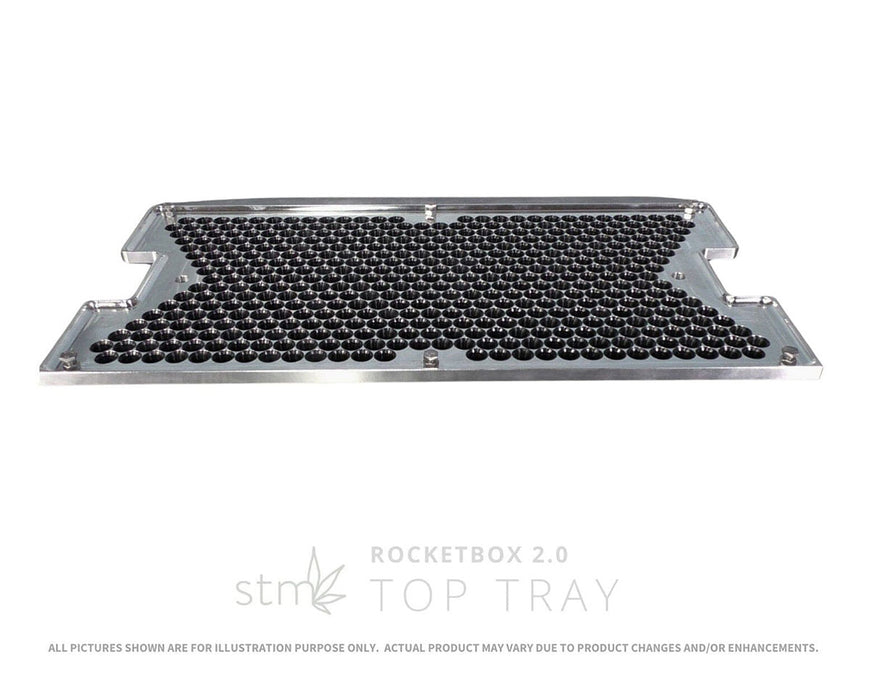 STM RocketBox 2.0 top tray with 143 holes designed to align and support pre-roll cones during filling.