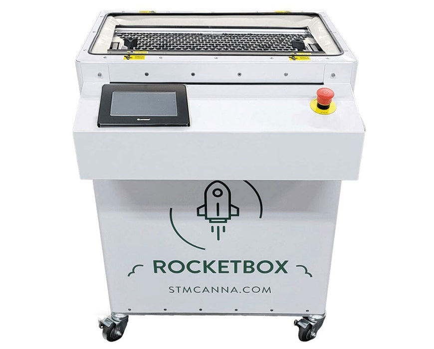 Front view of STM Canna RocketBox 2.0 with touchscreen interface and emergency stop button.