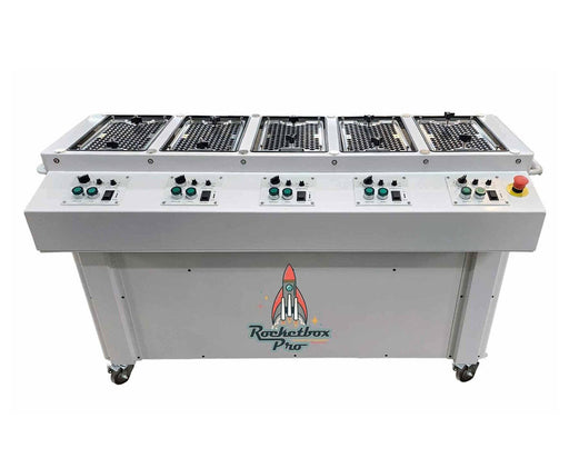 Front view of STM RocketBox PRO pre-roll machine with six filling stations and control panels for each unit.