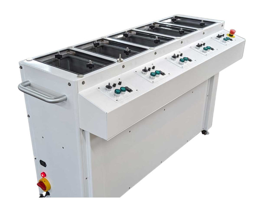 Angled side view of RocketBox PRO showing control knobs and handles on a white background.