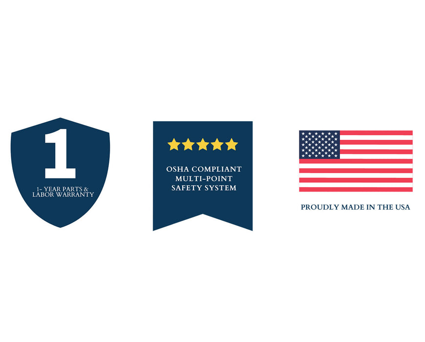 Warranty, OSHA compliance, and USA-made icons for STM RocketBox PRO pre-roll machine.