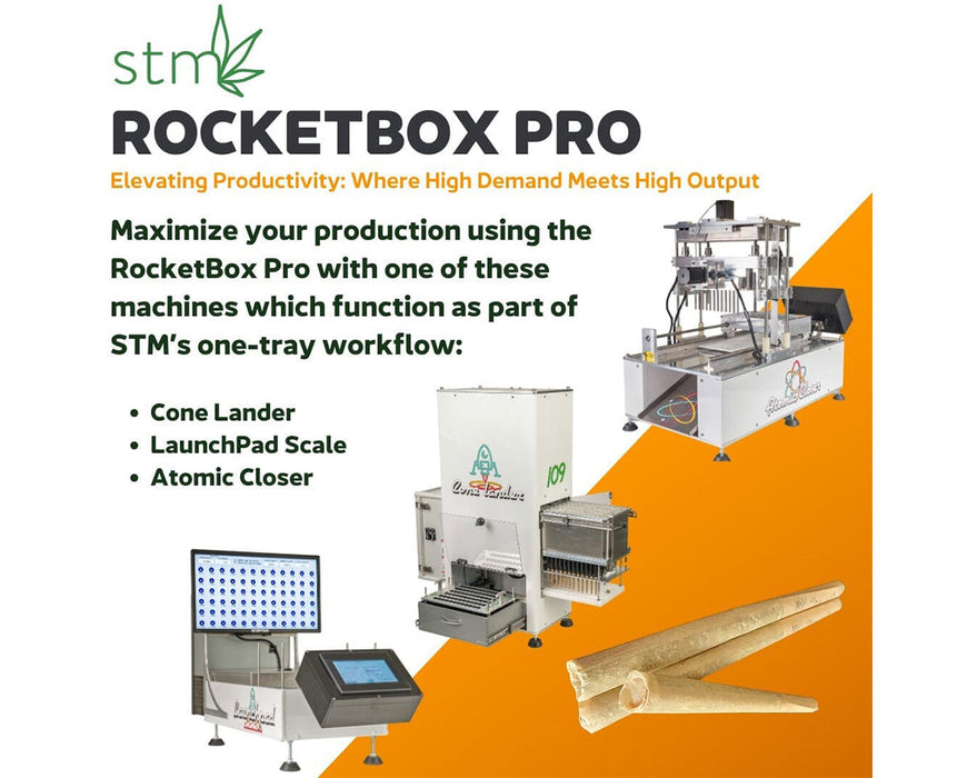 RocketBox PRO marketing graphic showing compatible machines: Cone Lander, LaunchPad, and Atomic Closer.