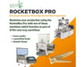 RocketBox PRO marketing graphic showing compatible machines: Cone Lander, LaunchPad, and Atomic Closer.