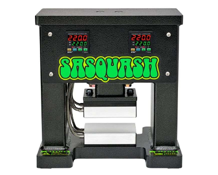 Front view of Sasquash M1 rosin press showing digital temperature displays and stainless steel plates.