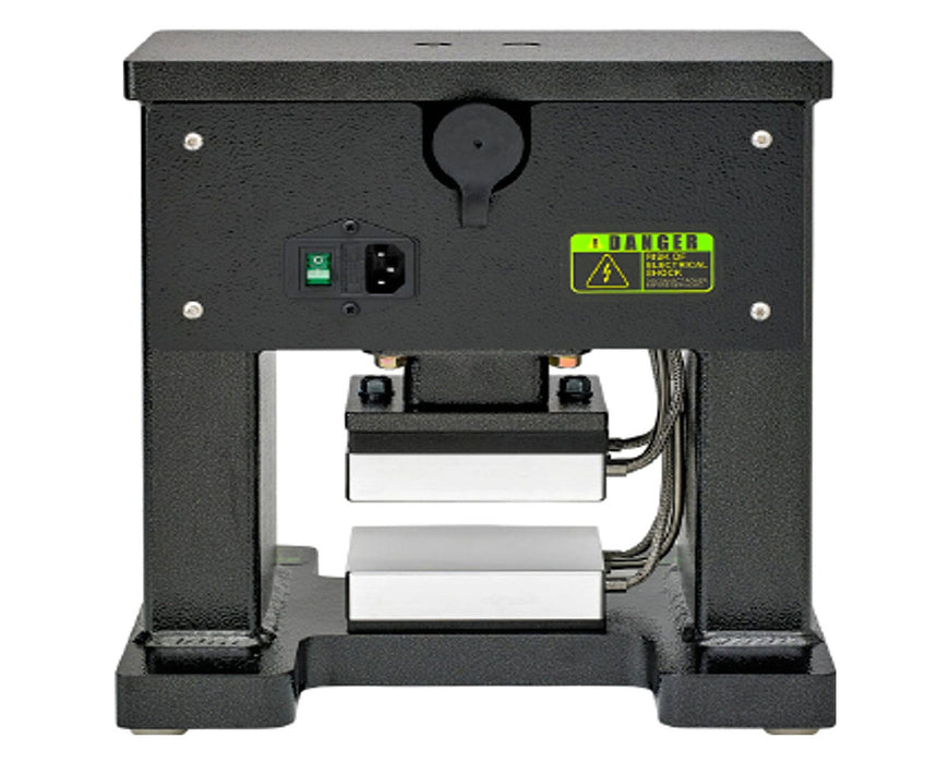 Rear view of Sasquash M1 hydraulic rosin press with power input and safety warning label.