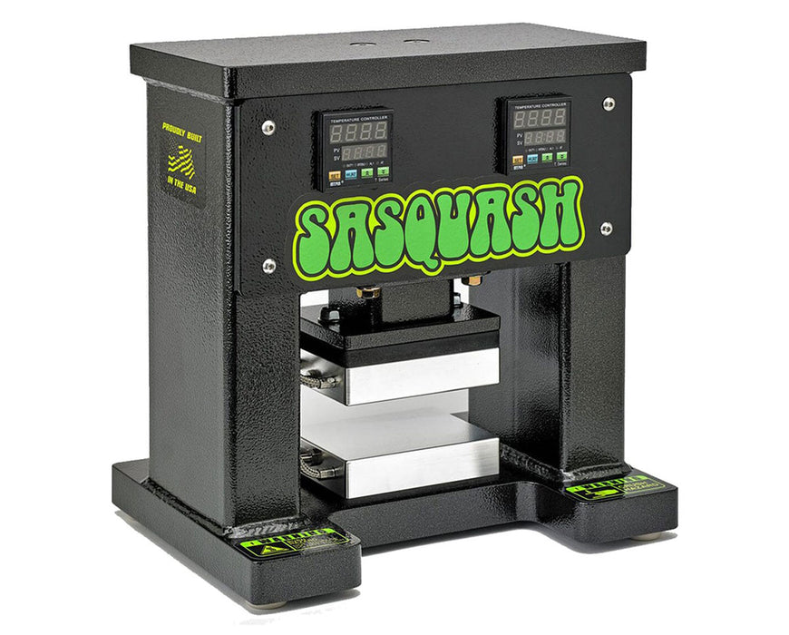 Sasquash M1 hydraulic rosin press with dual temperature controllers and black steel frame.