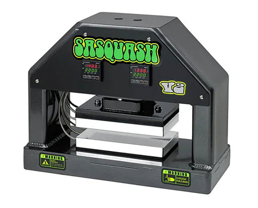 Side angled view of Sasquash V2 rosin press with glowing digital displays and power cables.