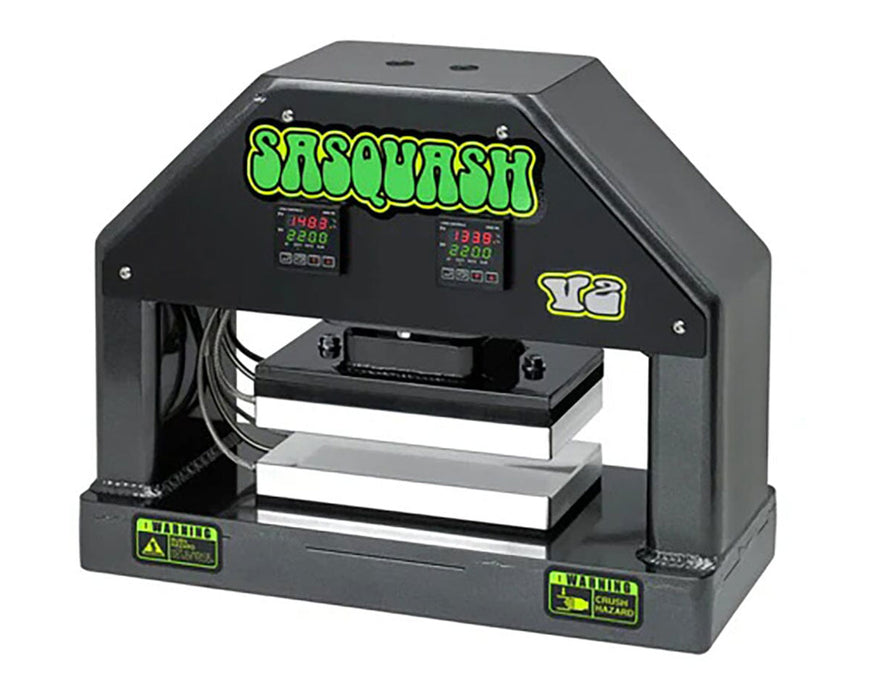 Side angled view of Sasquash V2 rosin press with glowing digital displays and power cables.