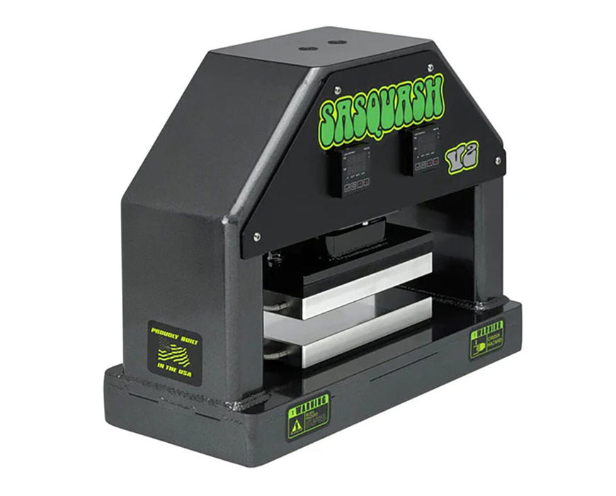 Rear angled view of Sasquash V2 rosin press showing robust frame and branding.