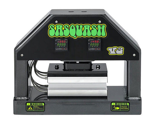 Sasquash V2 rosin press front view with angled upper frame and dual heating plates.