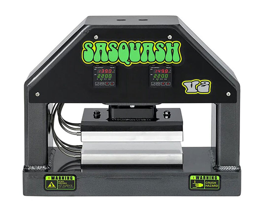 Sasquash V2 rosin press front view with angled upper frame and dual heating plates.