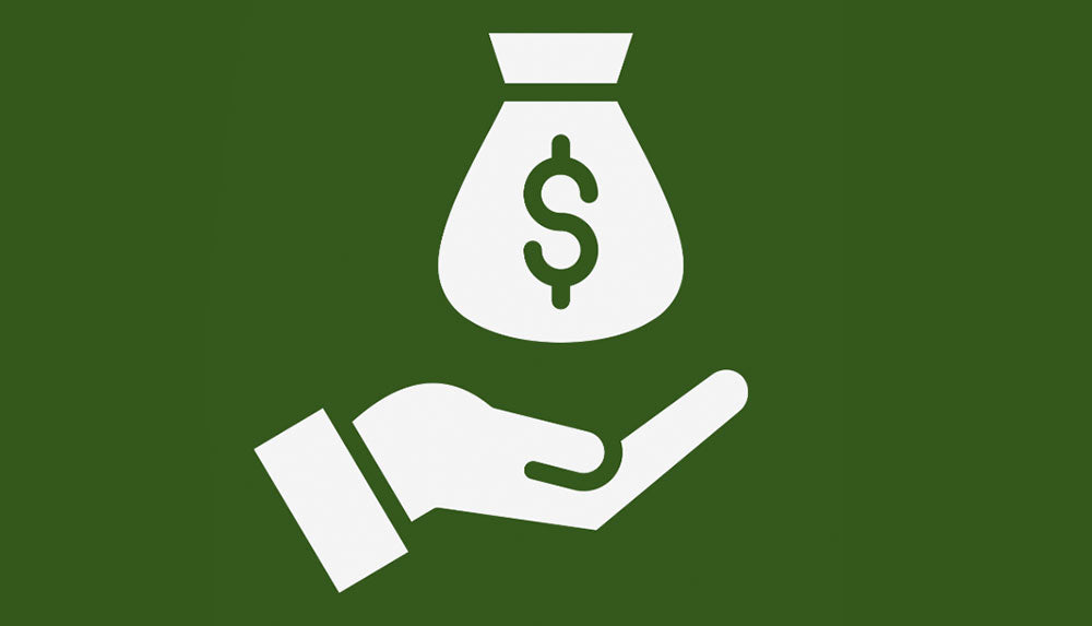 White icon of a hand holding a money bag with a dollar sign, symbolizing savings for bulk order at Grow Light Central.