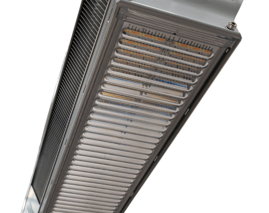 This is a close-up angled view of the LED strip and finned heatsink of the Dragon Alpha III grow light.