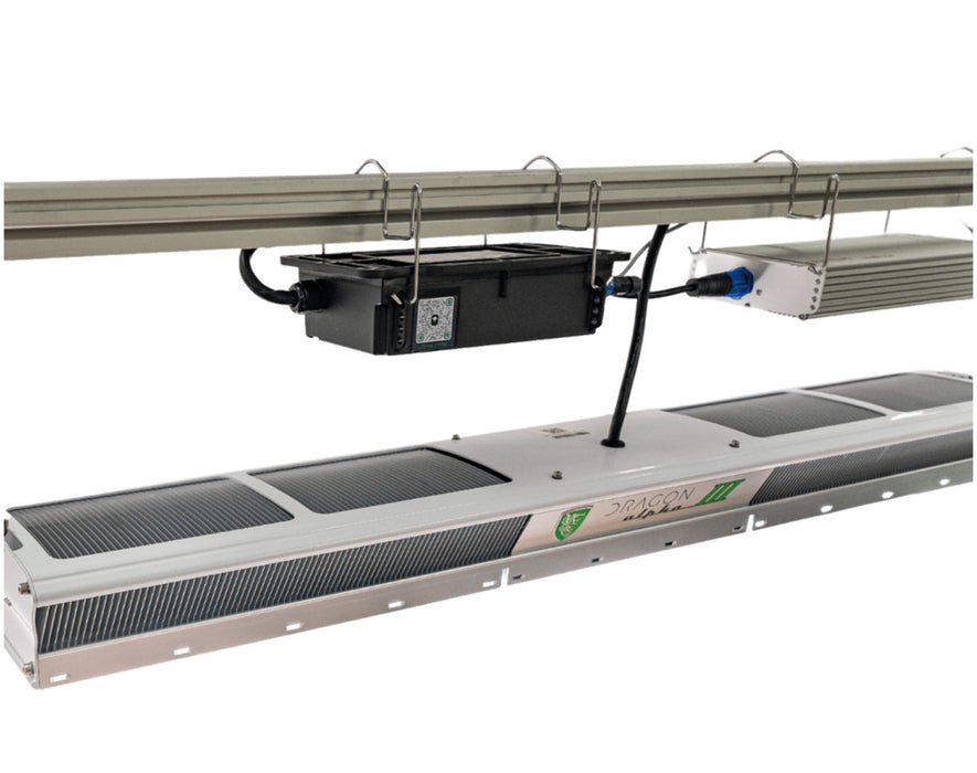 This angled image shows the back and side of the Dragon Alpha III grow light, featuring cooling vents and cable entry.