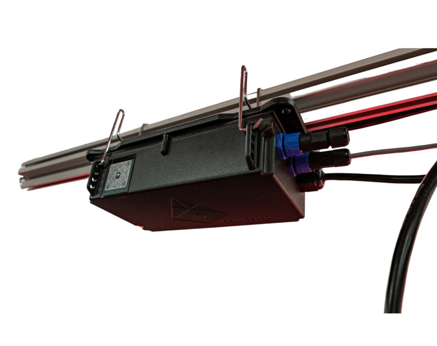 This image provides a detailed side view of the Scynce Dragon Alpha III LED Grow Light, highlighting the curved aluminum housing and mounting holes.