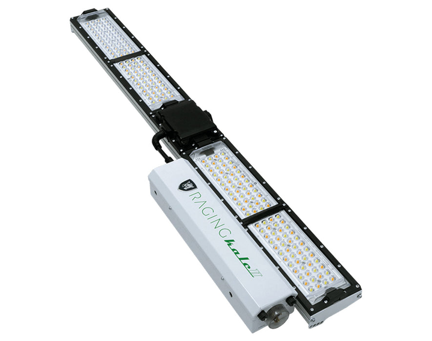 This image shows the Scynce LED Raging Kale II+ grow light angled diagonally, highlighting its LED panel design and compact driver housing.
